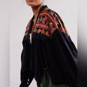 New Free People Bohemian Black and Multicolor Embroidered Oversized Jacket Sz L